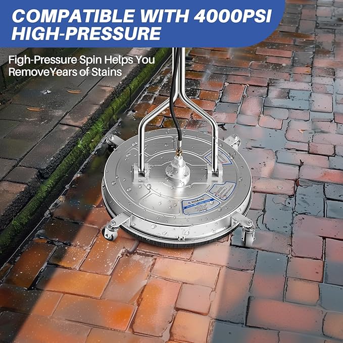 24" Pressure Washer Surface Cleaner with 4 Wheels, Dual Handle,Stainless Steel Housing, 4 Replacement Nozzle Cores and 2 Hose Adapters, Ideal for Driveways, Sidewalks, Patios, Decks Cleaning