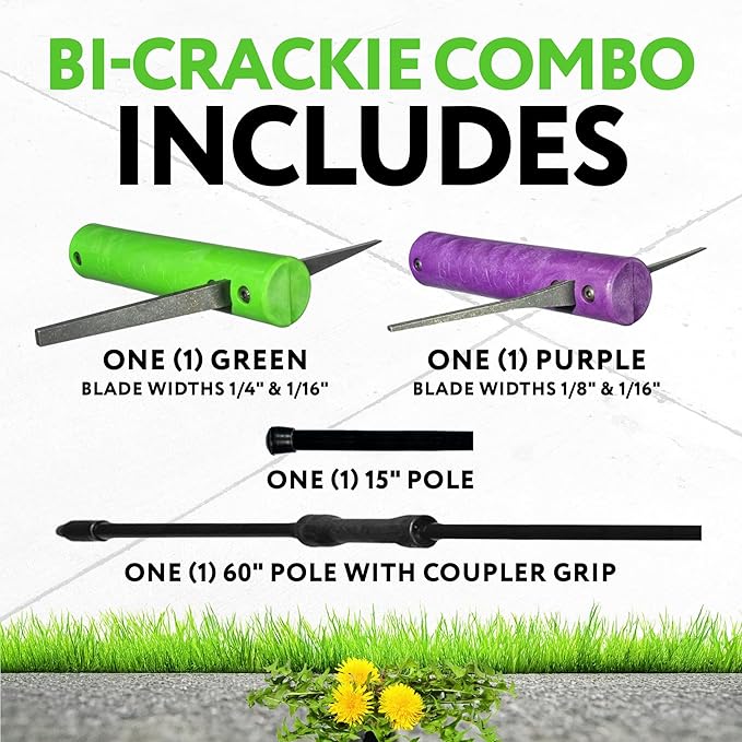 BICRACKIE Stand-Up Crack Weeding Tool with 60" Steel Pole; Steel Blade with 2-Sized, 5" Tapered Ends for Driveways, Patios, Sidewalks, Pavers to Remove Weeds Easily; Made in USA