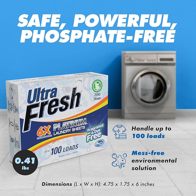 Ultra Fresh 50 Count Laundry Detergent Sheets for All Machine Types, 6X Platinum, Up to 100 Loads, Fragrance Free and Dye Free
