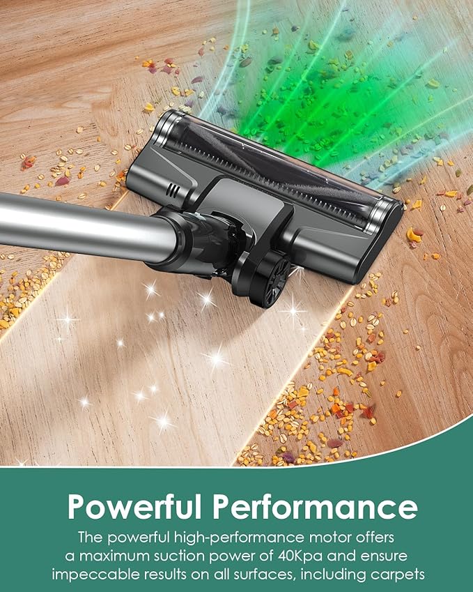 VersLife Cordless Vacuum Cleaner 500W/40KPA/40Mins, Lightweight Stick Vacuum with LED Display and Green Headlights, 6-Stages Filtration, Self-Standing Vacuum for Home Hard Floor Carpet, Silver