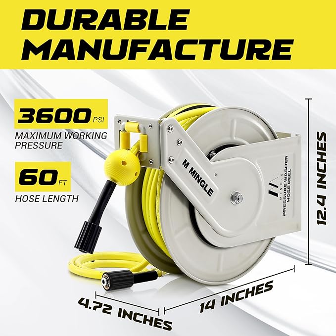 M MINGLE Retractable Pressure Washer Hose Reel, 1/4" × 60ft Power Washer Hose Reel, Auto Rewind Hose Reel, Wall/Floor Mounted, 3600 PSI
