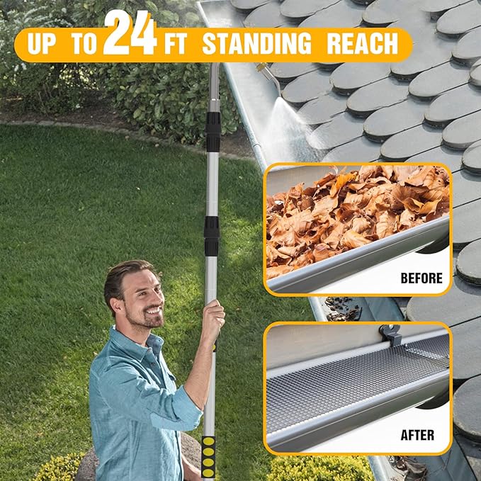 Gutter Cleaning Tools from The Ground, 24FT Reach Rain Cleaner with Bendable Wand and Quick Connect Adapter for Garden Hose