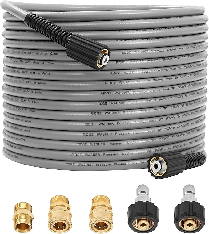 RIDGE WASHER Pressure Washer Hose 50FT, 1/4 Inch Power Washer Hose with M22 14 Fitting, Kink Resistant Hoses Replacement’s Applied for Most Pressure Washer Accessories, 3600 PSI