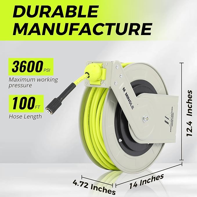 M MINGLE Retractable Pressure Washer Hose Reel, 1/4" × 100ft Heavy Duty Professional Hose Reel, Auto Rewind Power Washer Hose Reel, Wall/Floor Mounted, 3600 PSI