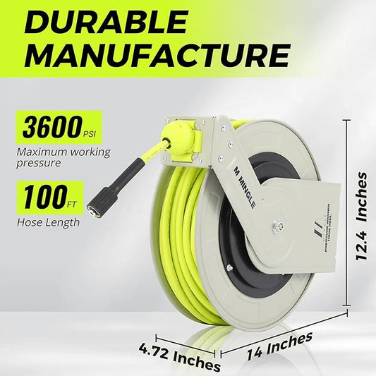 M MINGLE Retractable Pressure Washer Hose Reel, 1/4" × 100ft Heavy Duty Professional Hose Reel, Auto Rewind Power Washer Hose Reel, Wall/Floor Mounted, 3600 PSI