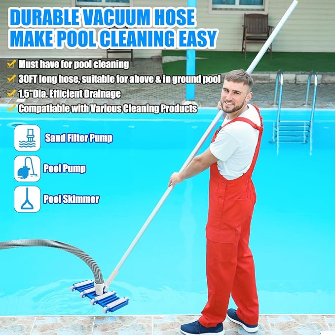 14 Swimming Pool Vacuum Head with Wheels 1-1/4 x 18ft Flexible Vacuum Hoses and Skimmer Net Swimming Pool Cleaner Equipment for Above Ground and Inground Cleaning Supply