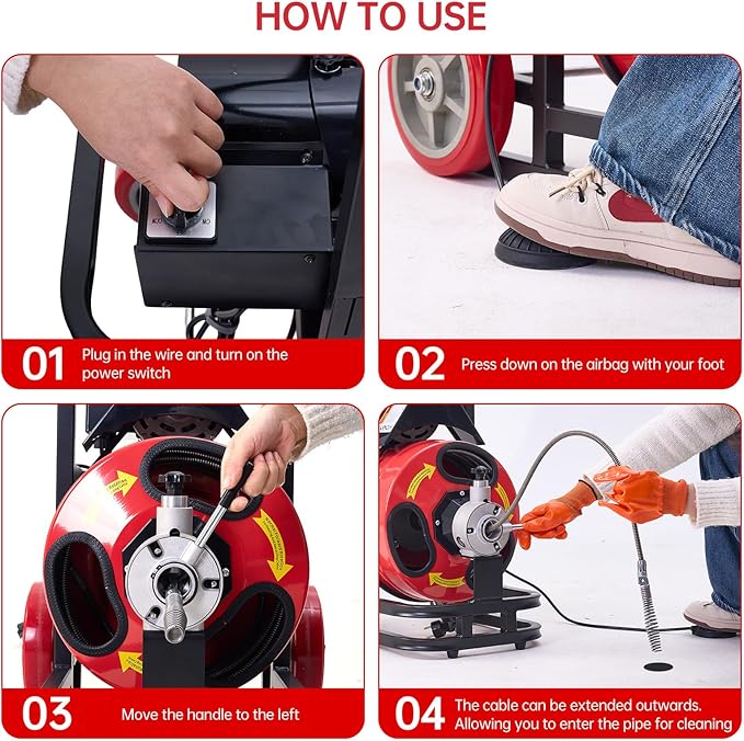 Drain Augers 75FT Sewer Snake with Auto-feed,SEVVETROOL Electric Drain Cleaner Machine 250W Motor Speed, CW/CCW Switch Control,Quick Replaceable Cutters,Perfect for 1"-4" Pipes(22.8M)
