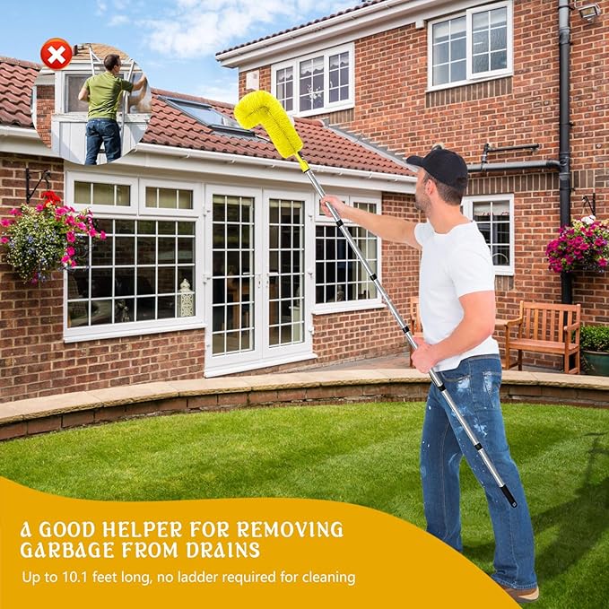 Gutter Cleaning Brush Extendable Guard Cleaner Tool with 8 Pcs Telescoping Handle Extension Pole 10ft, Gutter Cleaning Tools from The Ground for Easy Removing Leaves Debris Window Cleaner (Yellow)