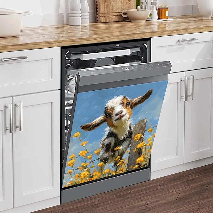 NYZE Dishwasher Magnets Cover, Dishwasher Magnetic Sticker Decorative, 23 x 26 Inch Removable Reusable Dish Washer Cover Mat for Dishwashers (Cute Goat & Yellow Flowers)