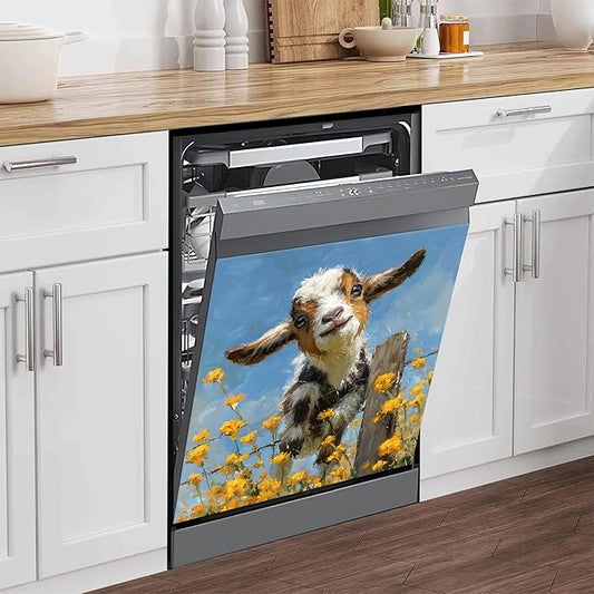 NYZE Dishwasher Magnets Cover, Dishwasher Magnetic Sticker Decorative, 23 x 26 Inch Removable Reusable Dish Washer Cover Mat for Dishwashers (Cute Goat & Yellow Flowers)