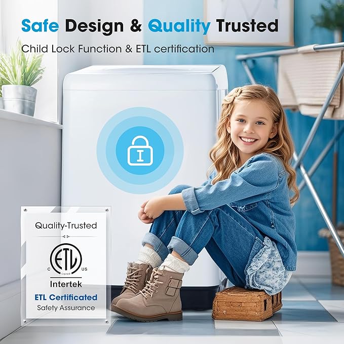 Portable Washing Machine -Compact Home Laundry Washer for Apartmentl, Top Load, Full Automatic, Small Clothes Washer with Drain Pump for Bathroom, Dorms,RVs,White