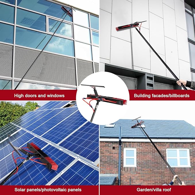 35ft Long Reach Solar Panel Cleaning Brush & Squeegee Kit, Aluminum Extendable Water Fed Pole Kit, 22in Wide Brush,Squeegee, Bendable Dusting Brush, Outdoor Window Washing Equipment Tool Kit