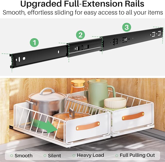 Pull out Cabinet Organizer Fixed with Adhesive Nano Film,Heavy Duty Slide out Pantry Shelves Drawer Storage,Sliding Mesh Cabinet Basket with Handle for Kitchen, Bathroom,Home, 13.8"W X 21"D X6.2"H