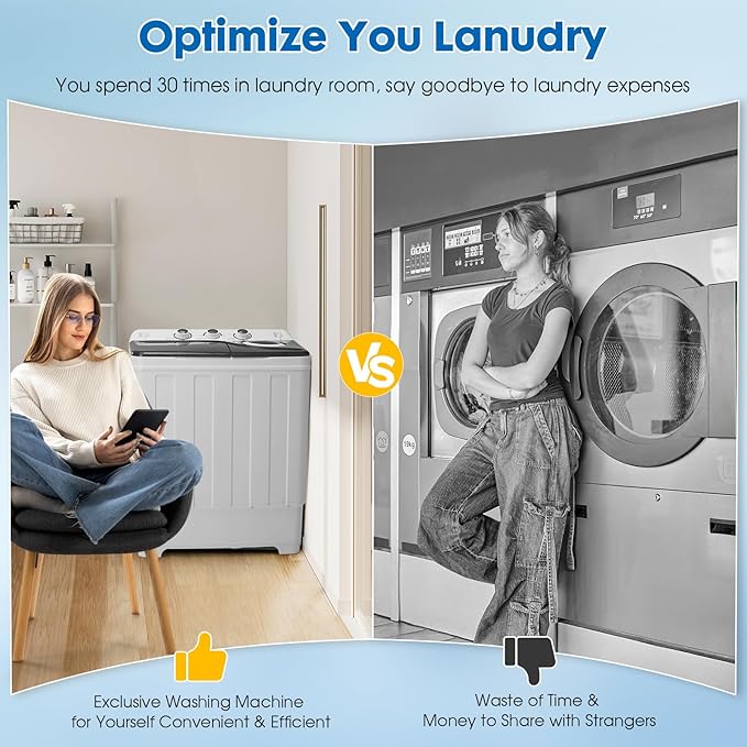Portable Washing Machine, 28lbs Twin Tub with Drain Pump - 18lbs Washer and 10lbs Spinner Combo, Semi-Automatic Compact Laundry Machine for Apartments, Dorms, RVs, Camping - Grey