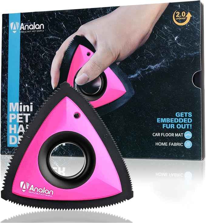 Analan Mini Pet Hair Remover for Car Detailing Dog Hair Tool Brush(Pink) | Deep Cleaning, Reusable Rubber, Gentle on Fabrics, Triangle Design For Car Interiors, Couch, Rugs, Carpet, Mats & Furniture by ANALAN