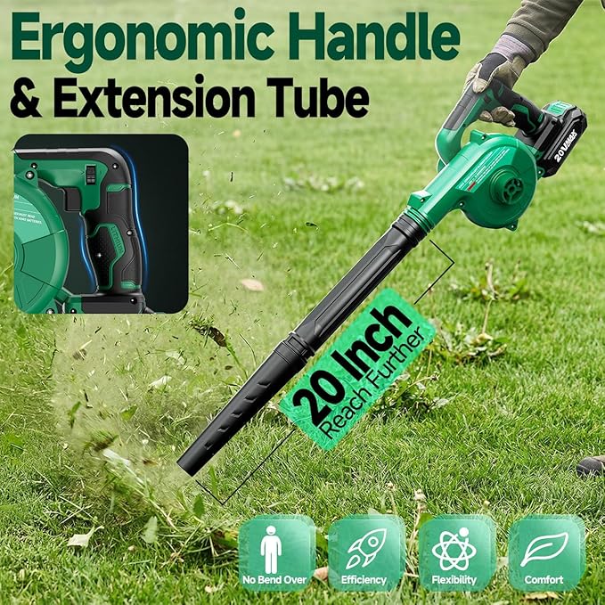 K I M O. Cordless Leaf Blower Vacuum Combo 4 in 1, 3 Nozzles &3 Modes for Inflation & Deflation, Extended Tube & Variable Speed, 20000RPM 150MPH, 2x2000mAh Battery Powered Leaf Blowers for Lawn Care