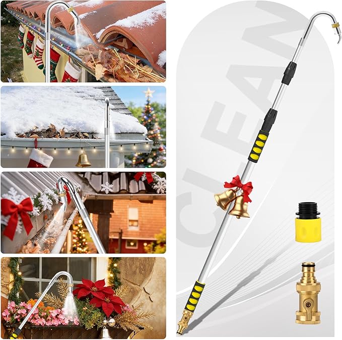 12FT Gutter Cleaning Tools,Up to 20FT Gutter Cleaner Tools from the Ground with Hose Attachment, Rain Gutters Cleaning Tool with Heavy-Duty Head for 2nd Story House