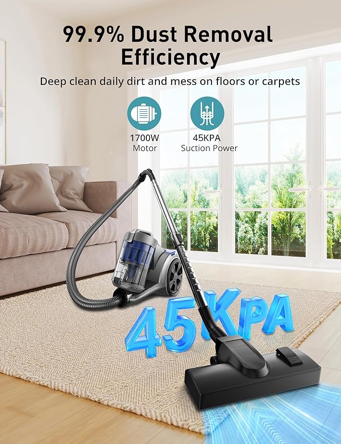 Aspiron 1700W Canister Vacuum Cleaner, 45Kpa Bagless Vacuum Cleaner, Multi-Cyclonic Filtration, 2 Anti-Allergen HEPA Filters, 3.5QT Dust Cup, 4 Tools, Corded Vacuum for Hard Floor, Pet Hair, Azure
