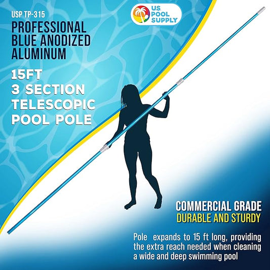 U.S. Pool Supply 15 Foot Swimming Pool Pole Telescopic - Aluminum Pool Skimmer Pole Net, Rake, Brush, Vacuum Head Handle, Attach Cleaning Equipment Accessories, Adjustable 3 Piece Expandable Extension