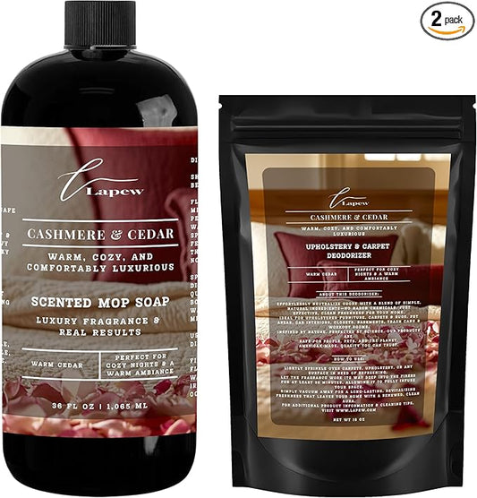 Lapew Cashmere Cedar Scented Cleaning Bundle | Carpet Deodorizer Powder (16 oz) & Mop Soap Concentrate (36 oz) | Pet-Friendly Odor Eliminator