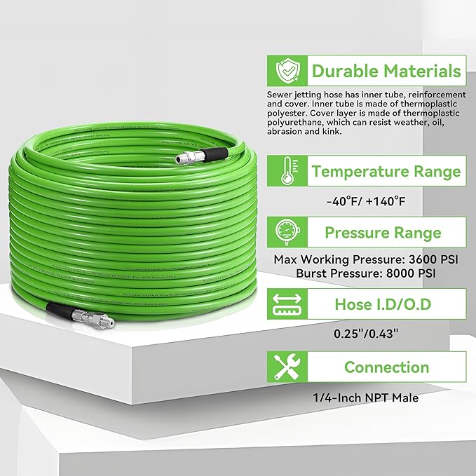 Tool Daily Sewer Jetter Kit for Pressure Washer 150 FT, Short Power Washer Gun, Drain Cleaner Hose 1/4 Inch NPT, Corner, Rotating and Button Nose Sewer Jetting Nozzle, 3600 PSI