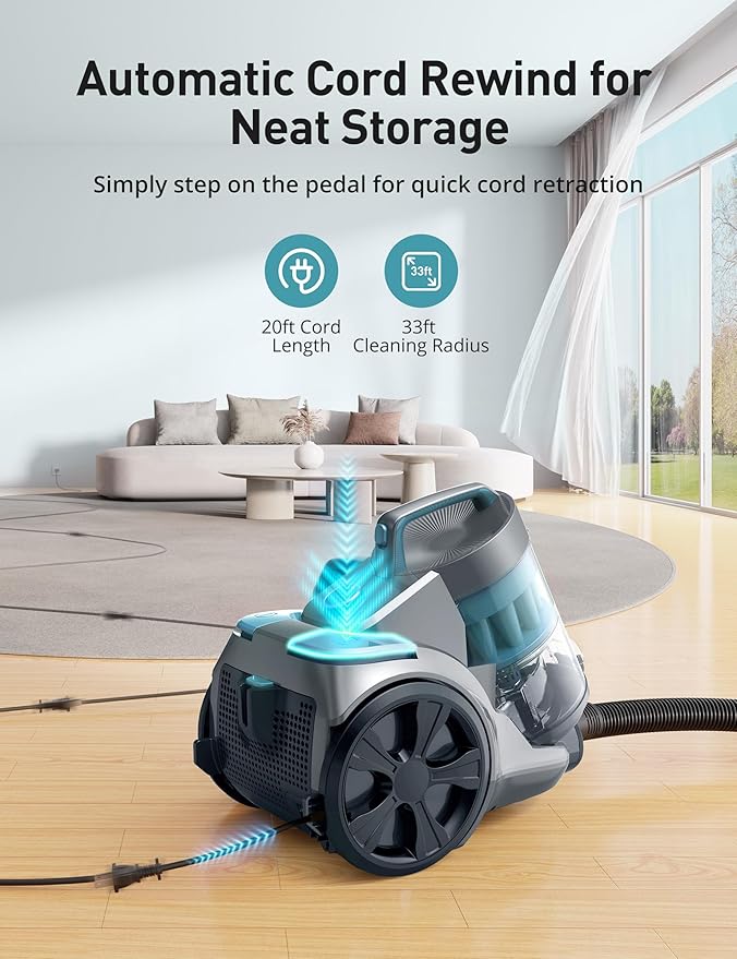 Aspiron 1700W Canister Vacuum Cleaner, 45Kpa Bagless Vacuum Cleaner, Multi-Cyclonic Filtration, 2 Anti-Allergen HEPA Filters, 3.5QT Dust Cup, 4 Tools, Corded Vacuum for Hard Floor, Pet Hair, Cerulean
