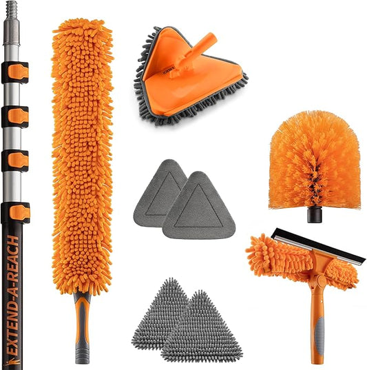 24 Foot High Reach Duster Kit with 5-18 ft Extension Pole // High Ceiling Dusting and Window Cleaning Kit with Telescopic Pole // Baseboard and Wall Washer Mop, Squeegee, Fan Blade & Cobweb Dusters