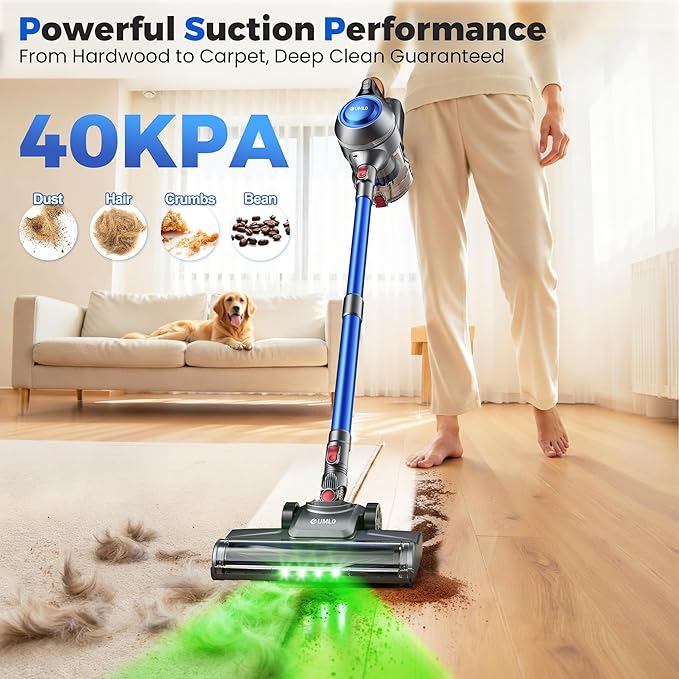 UML0 Cordless Vacuum Cleaner, 40Kpa Powerful Suction Stick Vacuum Cleaners for Home, 45 Mins Runtime, 1.6L Dust Box, Anti-Tangle, 8-in-1 Rechargeable Vacuum for Hardwood Floor,Carpet,Pet Hair
