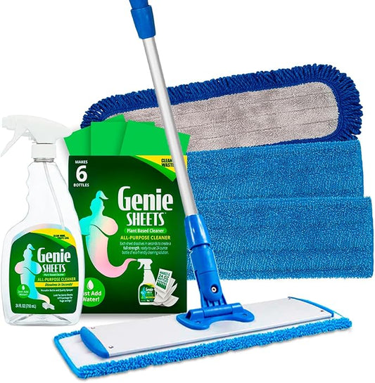 Professional Microfiber Mop System and Genie Sheets Concentrate All-Purpose Cleaner & Spray Bottle | Wet & Dry Mop Hardwood, Tile, Vinyl Plank, Concrete | Reusable Washable Pads | Telescoping Handle