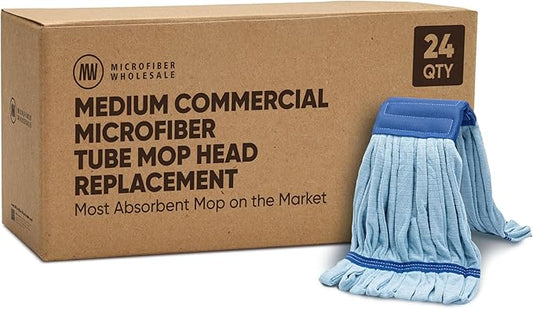 Bulk Commercial Mop Head Replacement (24 Count) - Medium Microfiber Tube Mop (14 oz.) | Industrial Wet Mops | Refill, Machine Washable, Heavy Duty | Hardwood, Tile, Laminate, Vinyl Floors (Blue)