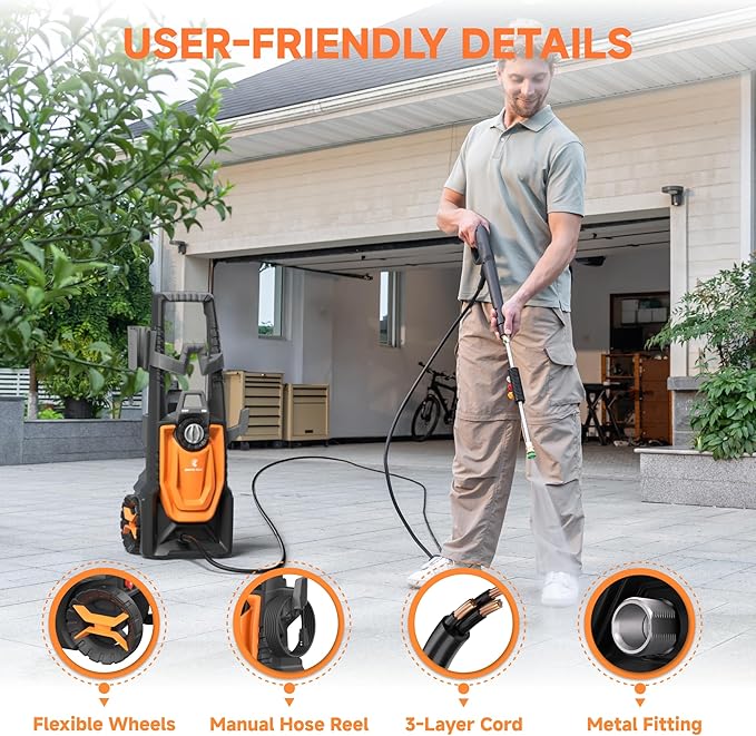 Giraffe Tools Pressure Washer, Max 2400 PSI, 2.3 GPM Electric Power Washer with 4 Quick-Connect Nozzles, Foam Cannon for Cars/Patios/Driveways/Fences
