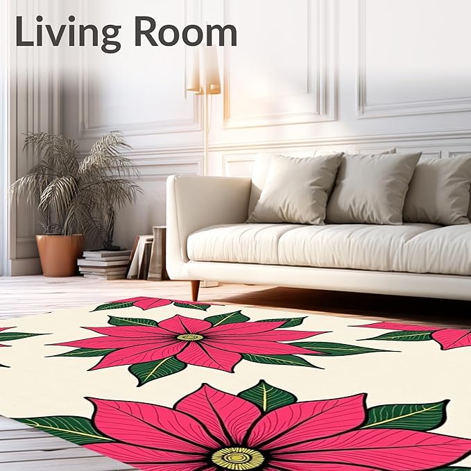 Flatwoven High Traffic Area Rug 8x10, Holiday Poinsettia Bathroom Festive Winter Floral Shower Curtain, Non Slip, Stain Resistant, Washable Area Rugs for Living Room, Bedroom (Pink, 8x10, Pad)