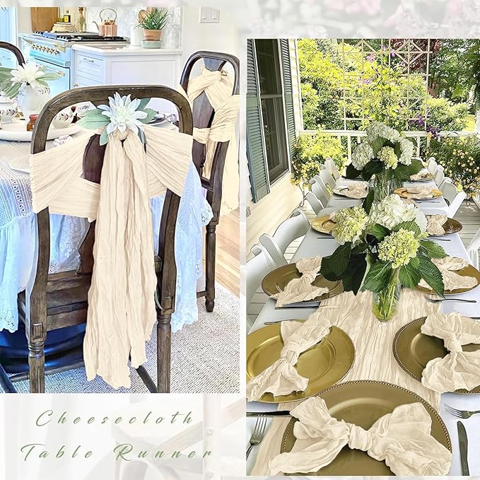 12 Pack Ivory Cheesecloth Table Runner 17 x 108 Inch Gauze Table Runner Fabric Semi Sheer Cheese Cloth Table Decor Bulk for Rustic Romantic Wedding Baby Shower Table Decoration