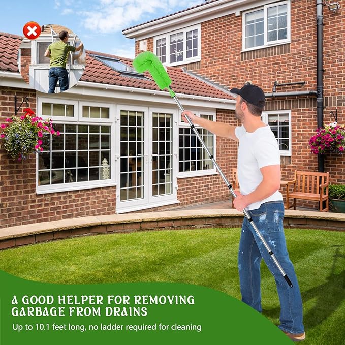 Gutter Cleaning Tools from The Ground, 10 FT Gutter Cleaner Tools for Removing Leaves and Debris, Rain Gutter Cleaning Tool with 8 Steel Tubes and 2 Brush Heads (Green)