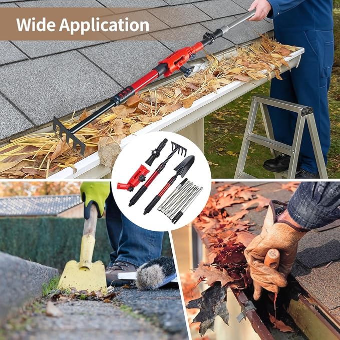 66.93 In Gutter Cleaning Tools Set, 10 Pcs With Extension Pole, Rake, Shovel, And Angle Adjustment, For Leaf Removal