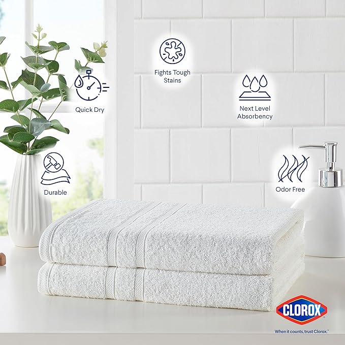 CLOROX Bleach Friendly Towels, Quick Dry, 100% Cotton Bath Towels (30" x 52"), Highly Absorbent Soft Lightweight, Ideal for Everyday Use, Easy to Wash(2 Pack, White)