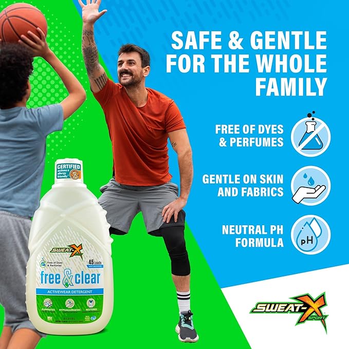 SWEAT X Free & Clear Laundry Detergent Liquid - Organic, Natural Non Toxic Laundry Detergent for Sensitive Skin - Gentle Washing Detergent for Activewear & Performance Fabrics - 45 Loads, 1 Bottle