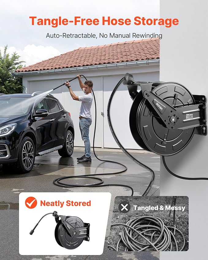 VEVOR Pressure Washer Hose Reel, 50 ft x 3/8 inch Retractable Power Heavy-Duty Steel Washer Hose Reel, 4000PSI Max, Auto-Rewinding, Flexible Wall/Floor Mounted for Car Washing,Garden,Floor Cleaning