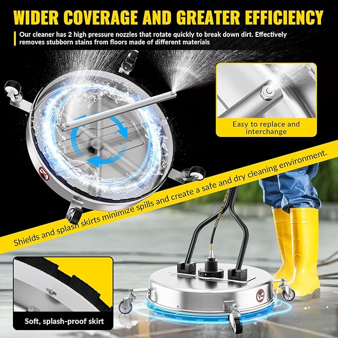 20 Inch Pressure Washer Surface Cleaner with 4 Wheels,Dual Handle,Stainless Steel Housing,4500 PSI Power Washer Accessory for Concrete, Patio, Sidewalk, Deck, Driveways and Daily Washing