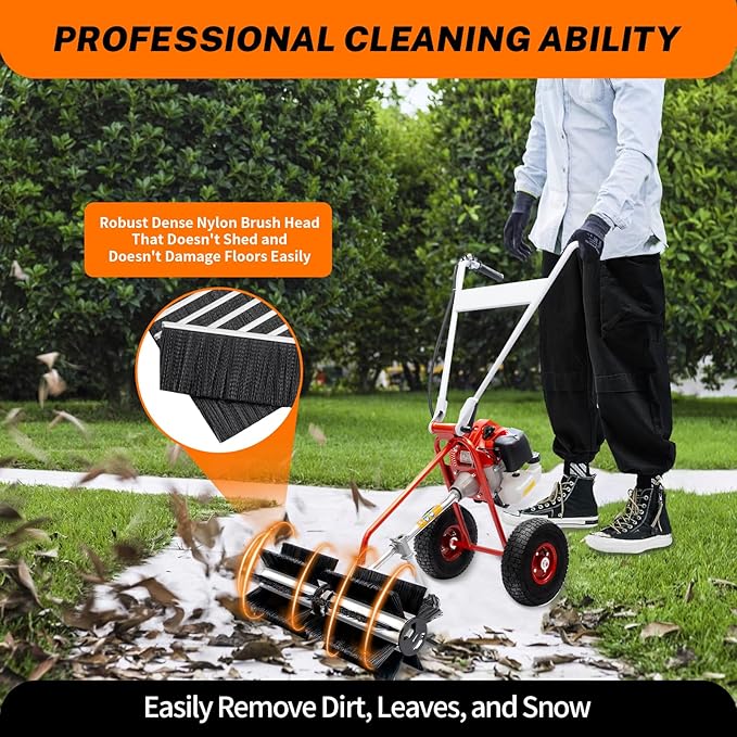 Power Broom Sweeper Cordless, 43CC 1.7HP 2-Stroke Gas Powered Broom Walk-Behind Outdoor Hand Push Sweeper Driveway Walkway Parks Street Cleaning Tool for Lawn Leaf Artificial Turf Grass Gravel Cleanin