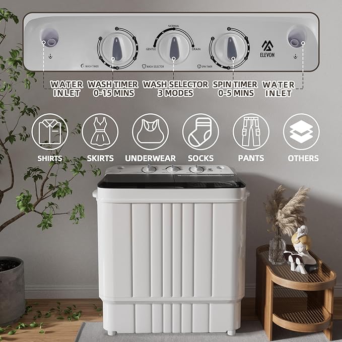 Elevon Portable Washing Machine Twin Tub 17.6 Lbs Capacity, (11 Lbs) and Spinner(6.6 Lbs) Combo Mini Compact Laundry Washer for Home, Apartment, Camping, RVs and Dorms, Black/White