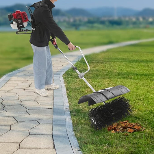 52CC 2 Stroke Gas Backpack Broom Sweeper, 2.3HP 1700W Artificial Grass Brush Gasoline Powered Broom with 33.8oz Fuel Tank, Portable Lawn Sweeper Machine for Riveways, Lawns, Walkways