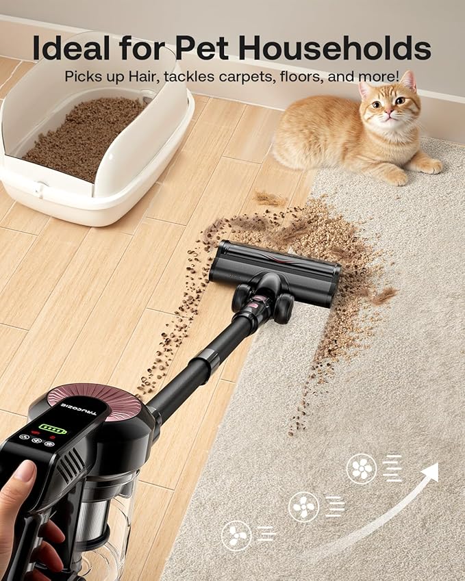 Cordless Vacuum Cleaner, Self-Standing 40Kpa 45Mins Vacuum Cleaners for Home, 8-in-1 Lightweight Stick Vacuum with Anti-tangle Wireless Vacuum for Carpet, Tile, Pet Hair, Hardwood Floors, Black