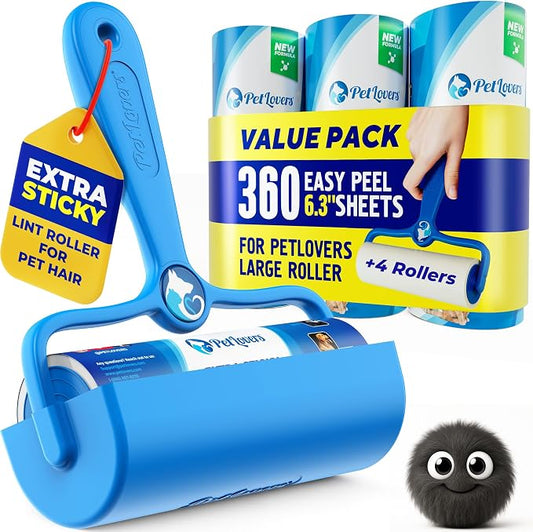 PetLovers 6.3" Large Lint Roller for Pet Hair Extra Sticky 360 Sheets, Ideal for Pet Hair Removal from Furniture & Clothes, Dog and Cat Lint Remover 4 Pack by PetLovers