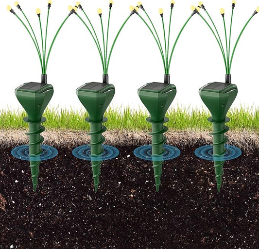 4 Pack Solar Mole Repellent Stakes for Lawn - Gopher Deterrent with Firefly LED Lights, Waterproof Outdoor Pest Control for Voles, Groundhogs, Snakes - Humane Pet Safe Solution