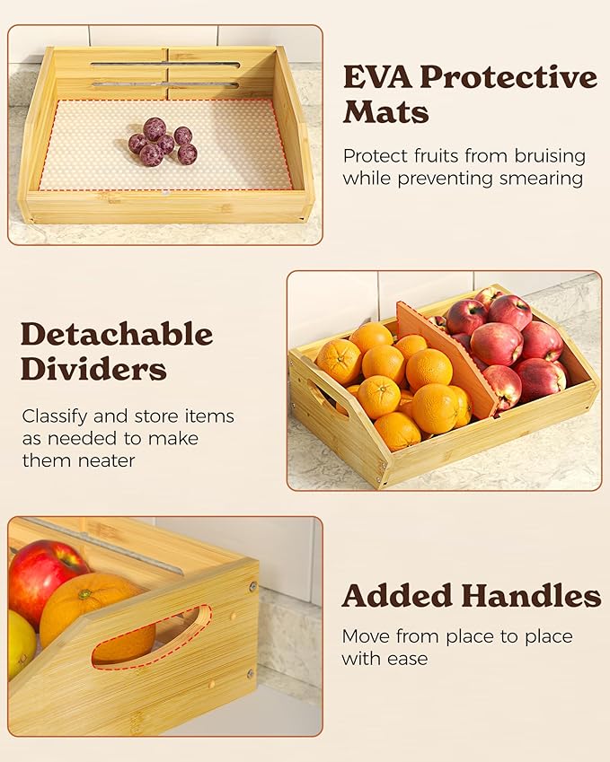 3 Tier Large Bamboo Fruit Basket for Kitchen Counter with 2 Banana Holders, Kitchen Countertop Organizer with Protective Mats, Tiered Fruit Bowl for Bread Snack Veggies with Dividers