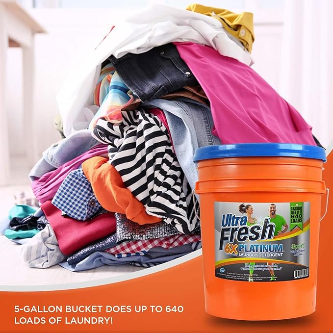 Ultra Fresh Platinum Sport 5 Gallon 6x Laundry Detergent Suitable for All Machine Type and Up to 640 Laundry Loads with Pump (6 Pack)