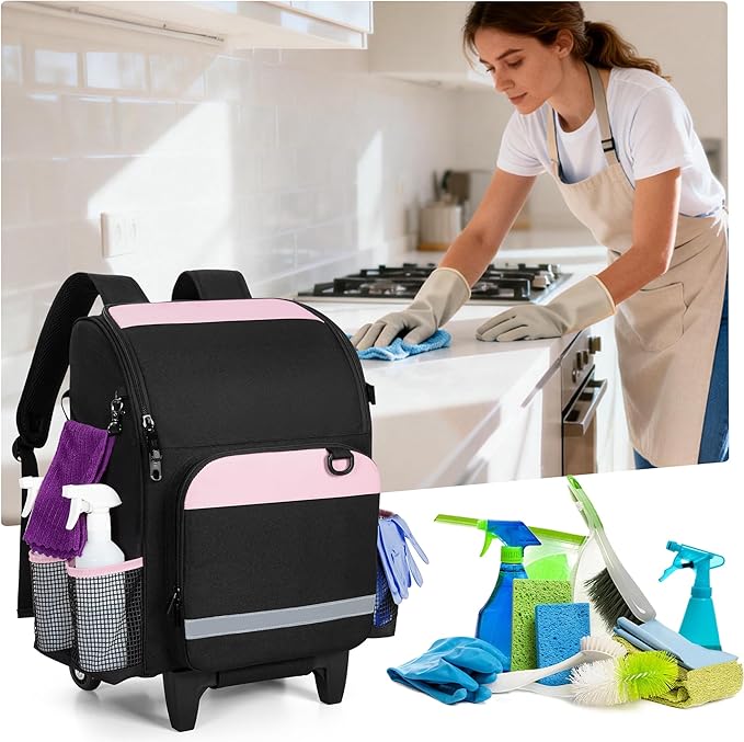 LoDrid Rolling Cleaning Backpack with Detachable Trolley, Professional Cleaning Supply Bag with Wheel, Mobile Cleaning Cart with Handle and Shoulder Strap, Cleaning Bags for House Cleaners, Bag Only