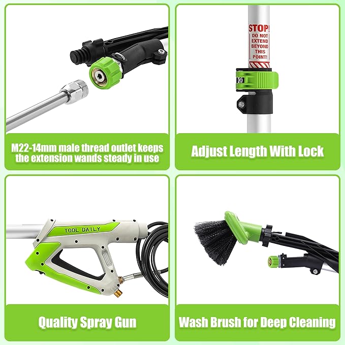 Tool Daily 21FT Telescoping Pressure Washer Wand with Brush, Power Washer Extension Wand, Aluminum Telescopic Gutter Cleaner with 3 Curved Rods, 5 Sprayer Nozzle Tips and Adjustable Belt, 4000 PSI