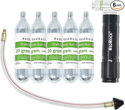 RedRock Gallo Drain Gun AC Drain Line Cleaner Tool, HVAC Air Conditioner Condensate Blaster Cleaning Kit with Flexible Hose Pipe, Includes 5 Unthreaded CO2 Cartridges, 20 Grams